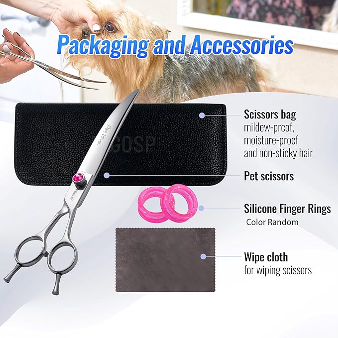 Curved Dog Grooming Scissors 7.5 inch Professional Curved Shears Dog Grooming for Poodle Large Dogs Pet 30 Degree Japanese 440C Right Handed Super Sharp Purple Diamond(7.5,Curved)