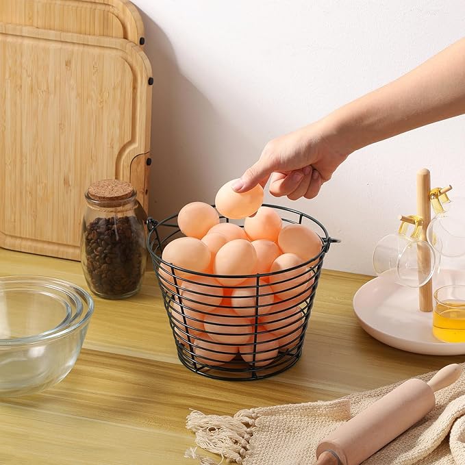 3 Pack 8 Inches Metal Mesh Wire Egg Collecting Basket with Handle Portable Garden Vegetable Fruit Storage Lightweight Hanging for Kitchen Farmhouse Gathering Picnic (Green)