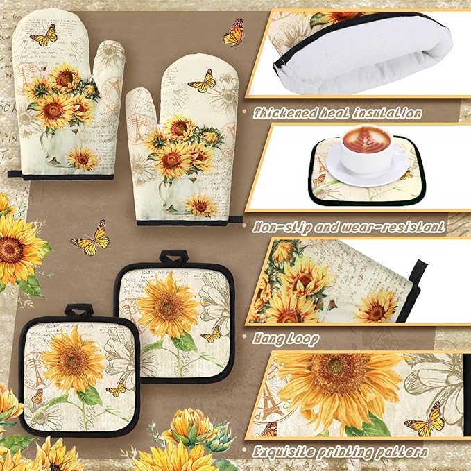 10 Pcs Sunflower Kitchen Dish Towels Rugs Oven Mitts and Pot Holders Set Farmhouse Kitchen Decor Set for Women Mom Daughter Gift Cooking Baking Grilling (Retro Yellow)