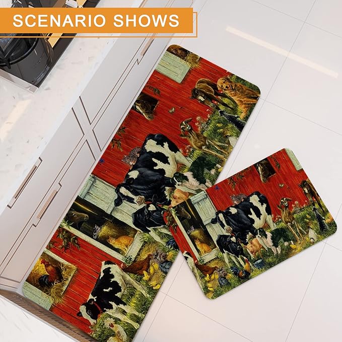 Roszwtit Farmhouse Kitchen Rugs and Mats Set of 2, Farm Animal Kitchen Mat, Seasonal Holiday Cooking Sets Washable Non-Slip Floor Mats for Home Kitchen Decor - 17x29 and 17x47 Inch