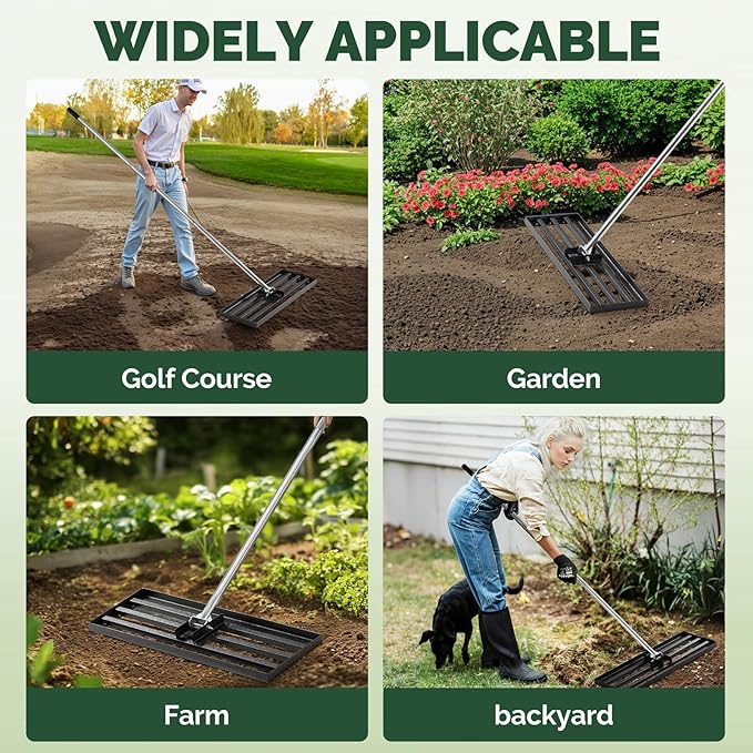 Lawn Leveling Rake Heavy Duty 30x10 Inch, Reinforced Welds, 73" Adjustable Leveler Tool with Stainless Steel Handle for Lawns, Backyard, Garden, Golf Course, Farm, Level Soil or Dirt Ground Surfaces