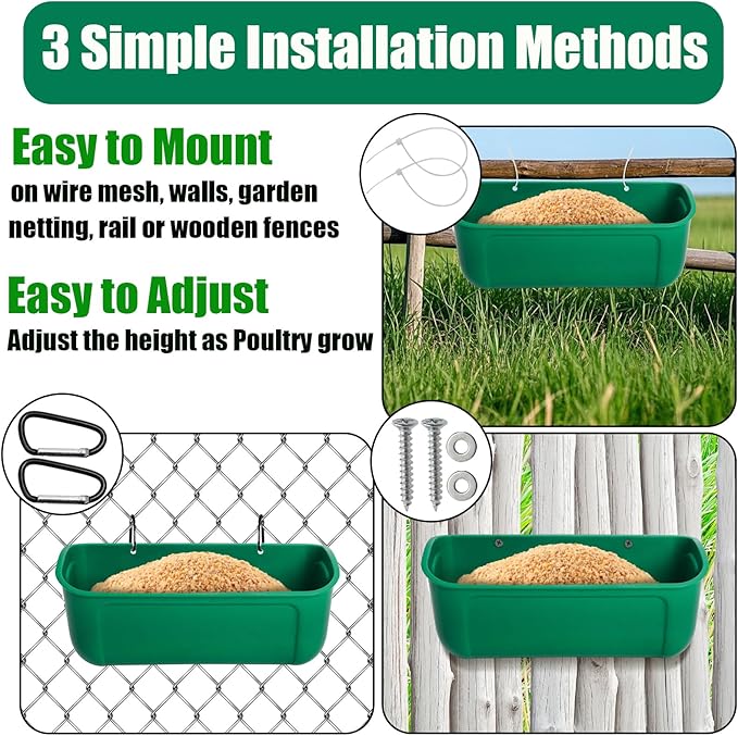 Cedilis 4 Pack Hanging Duck Feeder, Chicken Fence Feed Trough with Clips, Poultry Livestock Food Water Feeding Container for Goat, Goose, Rabbits, Sheep, Each Feeder 2.5 Quarts