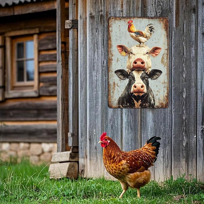 Vintage A Pig Cow Chicken Metal Sign Rustic Home Kitchen Coffee Garden Farmhouse Chicken Coop Wall Decor Ruster Tin Poster 12x16 Inch