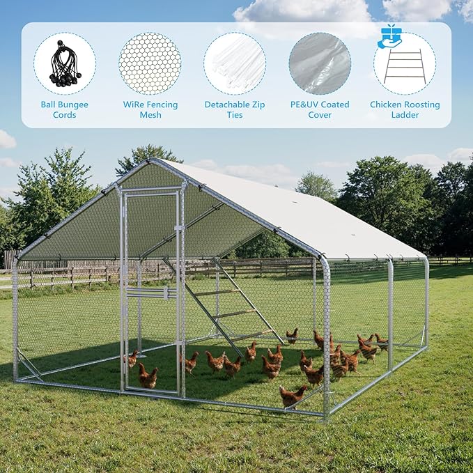 Metal Chicken Coop, Chicken Runs for Yard with Cover, Walk-in Chicken Run, Outdoor Chicken Pen, Heavy-Duty Galvanized Frame with Roosting Ladder,10x13x6.5FT
