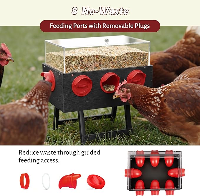 KOL No-Waste Chicken Feeder, 22LB Poultry Feeder with 6 Anti-Spill Ports, Clear-View HIPS & Acrylic Design, Foldable Stand for Hens and Chicks – Automatic Gravity-Flow Feeder