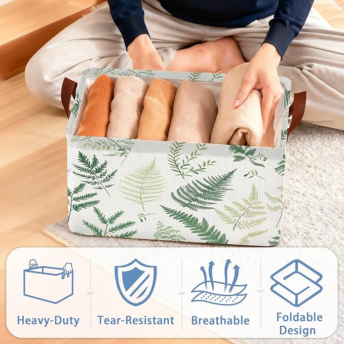 Fern Herbs Storage Baskets,Botanical Leaf Foldable Organizer Bin with Handles for Home Living Room Bedroom Closet Box 17x11.5x10Inch
