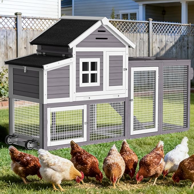 Chicken Coop for Outdoor, Mobile Poultry Cage with Wheels, Nesting Box, Weatherproof Roof and Leakproof Pull-on Tray for 4-6 Chickens, 78.7" L x 21.5" W x 43.7" H (Grey)