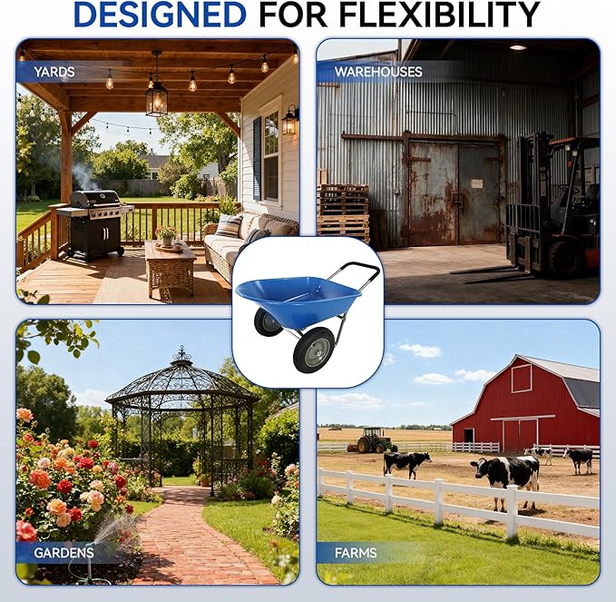 Dual Wheel Garden Wheelbarrow,Heavy Duty Yard Cart with 10“/15" Pneumatic Tires, Rustproof Poly Tray & Steel Handle, 300 lbs Capacity Utility Cart for Lawn, Farm, and Landscaping (Blue-15“)