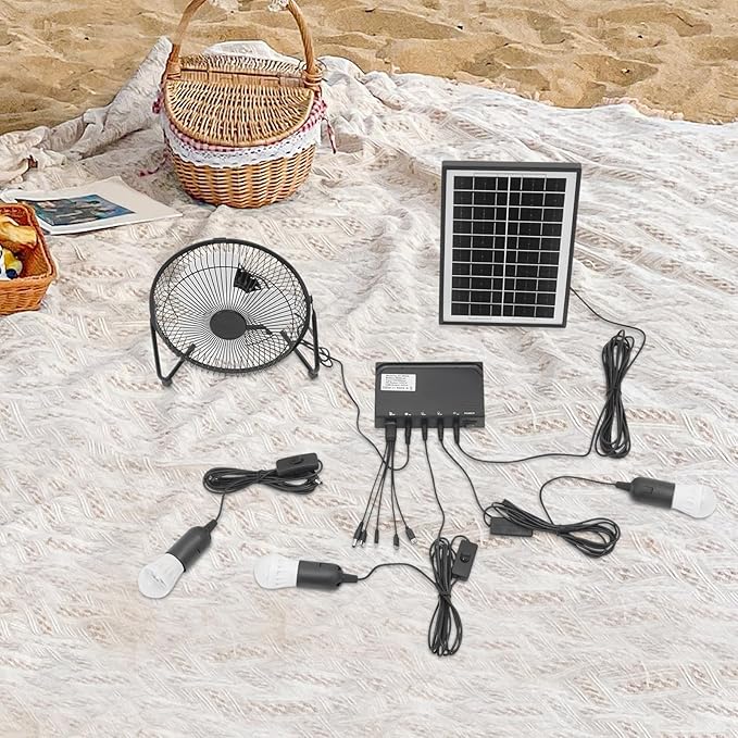 Solar Powered Fan with 3 Bulbs, Solar Powered Fan for Chicken Coop, Sheds, Pet Houses and Window Sill Ventilation, 5-in-1 Cables Included, Supports charging of mobile phones and digital cameras