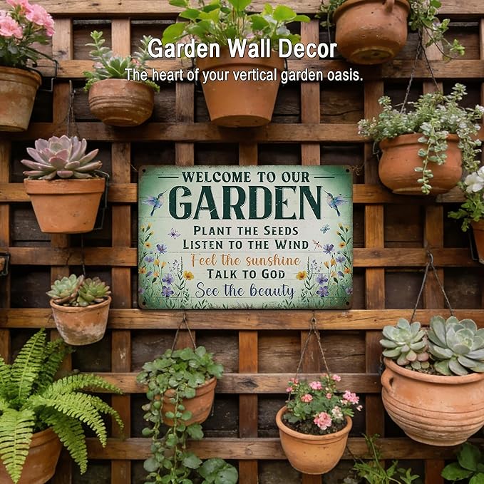 Garden Signs Garden Decor for Outside - Welcome To Our Garden Tin Sign, Vintage Gardening Signs Gifts for Plant Lovers Women Gardeners 12x8 Inch