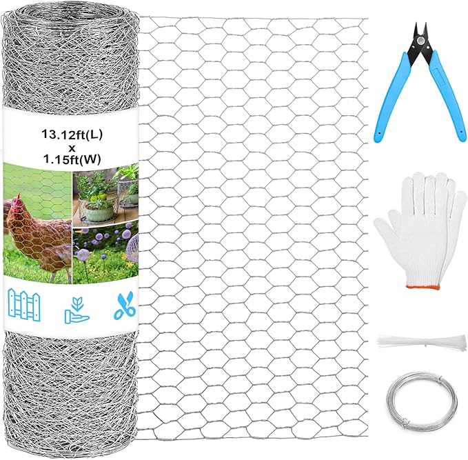 Chicken Wire Mesh 13.7 in x 157 in Silver Floral Chicken Wire Poultry Netting Hexagonal Galvanized PVC Coated Wire Mesh for Floral Arrangements Craft with 30 Zip Ties, Glove and Wire Cutting Pliers
