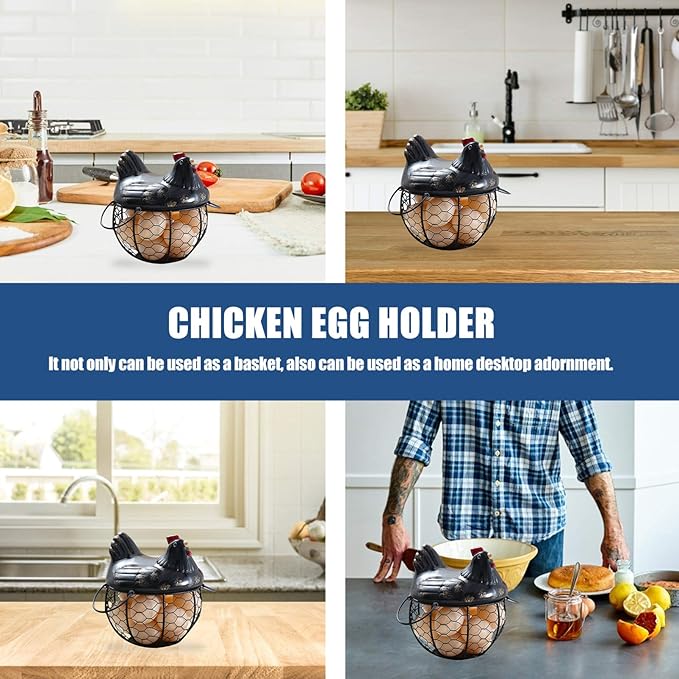 Cabilock Metal Wire Egg Basket Egg Holder Organizer Case with Ceramic Farm Chicken Top Container for Easter Party Gathering Fresh Eggs Storing Fruit Snack