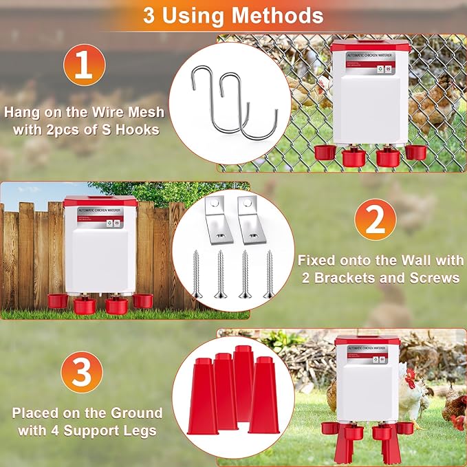 Automatic Chicken Waterer 2 Gallons, Float-Controlled Chicken Water Feeder with 4 Water Cups, 158.4-Inch Hose with 3/4'' and 1/2'' Ends, Large Poultry Waterer for Chick Quail Duck Turkey, Red