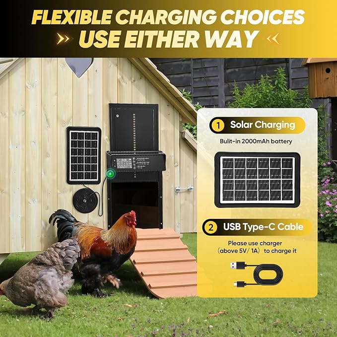 Automatic Chicken Coop Door Solar Powered, Automatic Chicken Door with Timer, Light Sensor, 4 Modes and LCD Display, Aluminum Alloy Auto Chicken Door, Anti-Pinch & Weather Proof
