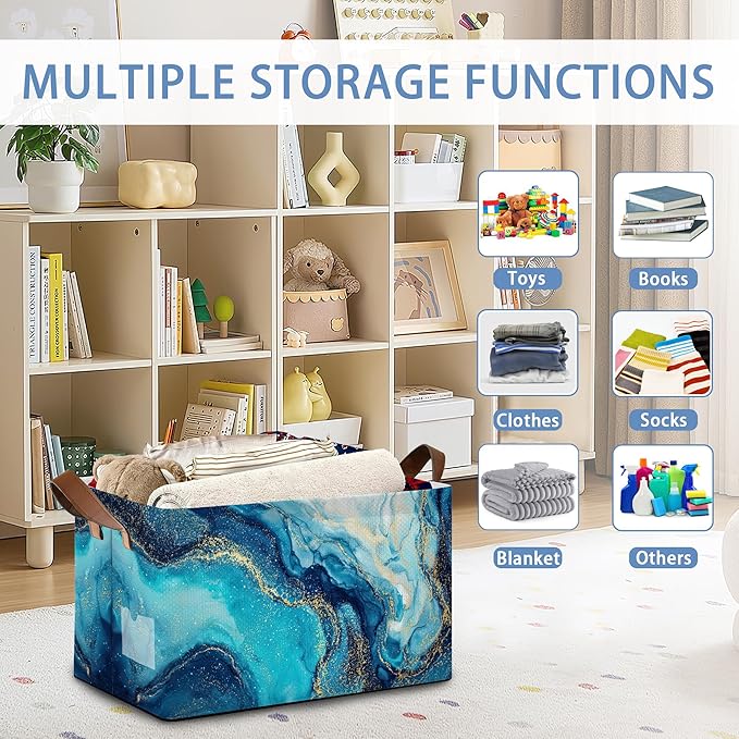 Blue Gold Marble Collapsible Storage Box,Organizer Bin with Handles for Room Decoration,Bins Book Basket Box 17x11.5x10Inch