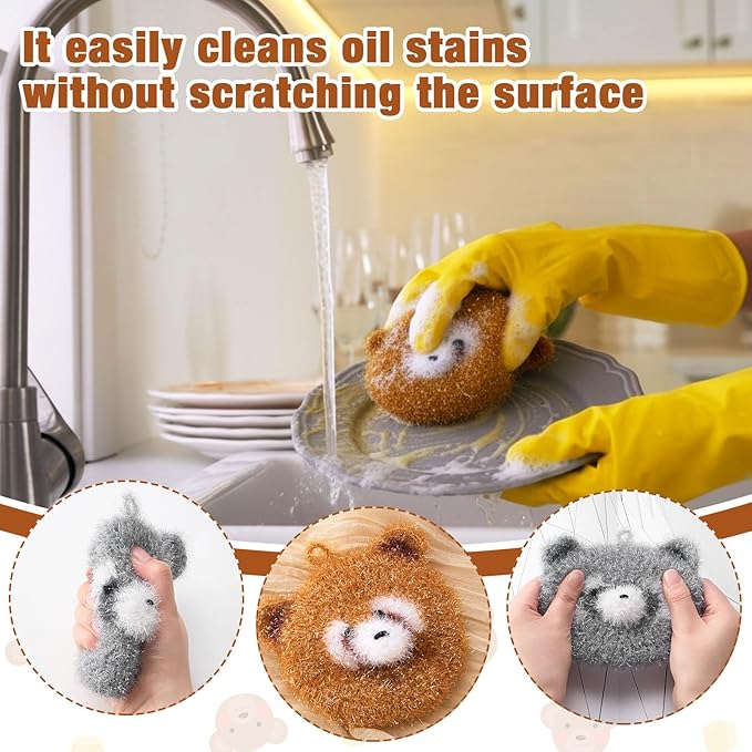 Breling 6 Pieces Raccoon Shape Dish Sponge Dual Sided Non Scratch Dish Washing Scrubbers, Reusable Household Cleaning Kitchen Tools for Dishwashing Washing Dishes Cookware
