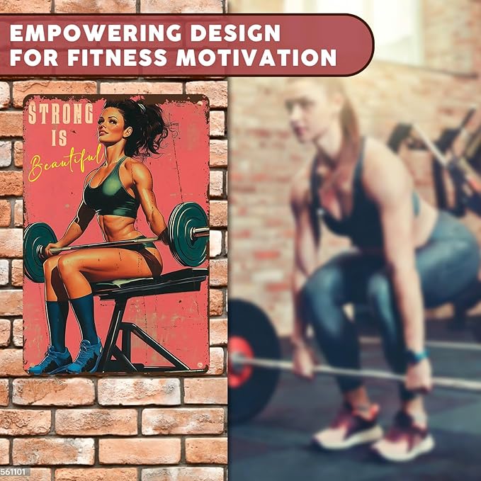 PEACHGARDEN Gym Decor Gym Girl Metal Signs Strong Is Beautiful Poster Girl Fitness Wall Art Decor Metal Tin Sign for Fitness Studio Workout Room Garage Kitchen 8x12inch