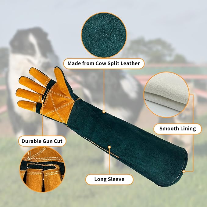 24" Leather Animal Handling Gloves, Multipurpose Bite Proof Gloves for Handling Reptiles, Grooming, Veterinary Visits, Puncture & Scratch Resistant for Dog Cat Bird Falcon Livestock Snake
