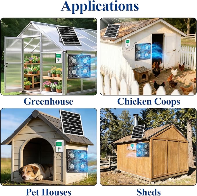 Solar Exhaust Fan, 25W Solar Powered 4-Fan with 7500mAh Battery, 4Pcs IP68 Waterproof Solar Fan, High Speed Solar Powered Exhaust Fan Kit with Bracket for Shed, Chicken Coop, Greenhouse, Dog House