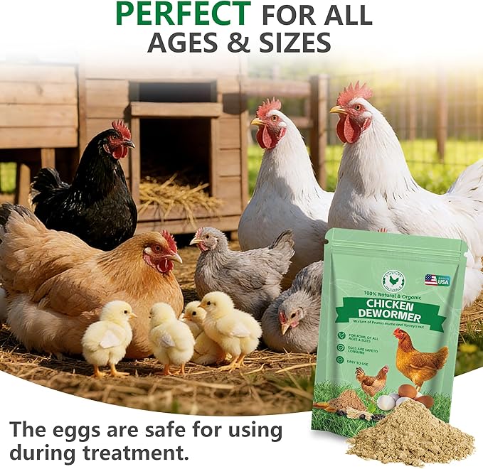 Natural Chicken Poultry De-Wormer Powder, Safe for Eggs, Effective for All Ages & Sizes,1.5 LB