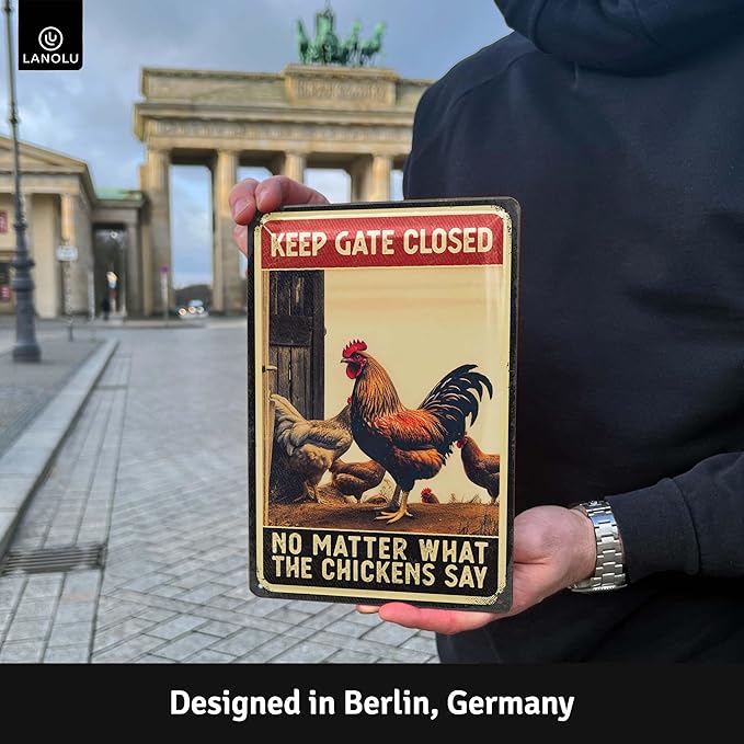 Vintage Tin Sign - Gates Closed Chickens, Decor for Coop & Outdoor, Chicken Lover Gifts, Metal Signs 12x8
