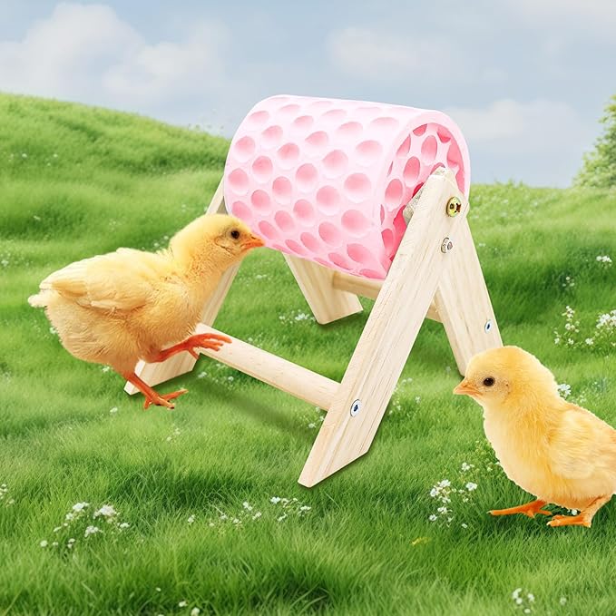 Chicken Coop Accessories, Beak Grinding Calcium Stone with Wooden Stand, Chicken Enrichment Toys, Toys for Hens, Ducks, Geese, Turkeys, Poultry, Pink