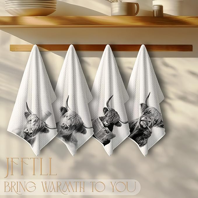 Highland Cow Bathroom Decor Hand Towels, Highland Cow Gifts for Women, Black and White Farm Animal Hand Towels for Bathroom Washroom Restroom Decor, 16x24 Inch, Set of 4