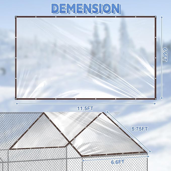 VitalCozy 2 Pcs Chicken Coop Cover 11.5 x 6.6 ft Waterproof Clear Tarp Heavy Duty PVC Vinyl Chicken Run Cover Coop Accessories for Outdoor Winter with 30 Pcs Ball Bungees Cords