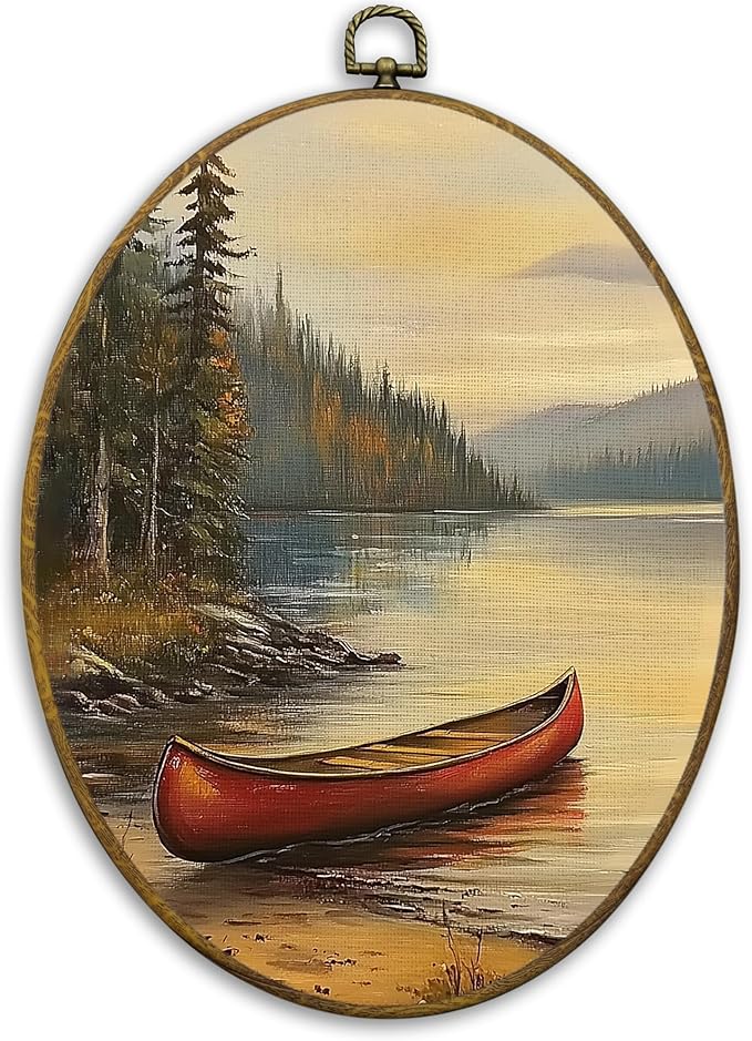 CUANFDDSF Vintage Rustic Lakeside Boat Oval Wall Art Decor, Farmhouse Country Wall Hanging Decor, Retro Countryside Landscape Framed Canvas Prints for Home Bedroom Living Room, 8.6x11.4 Inch