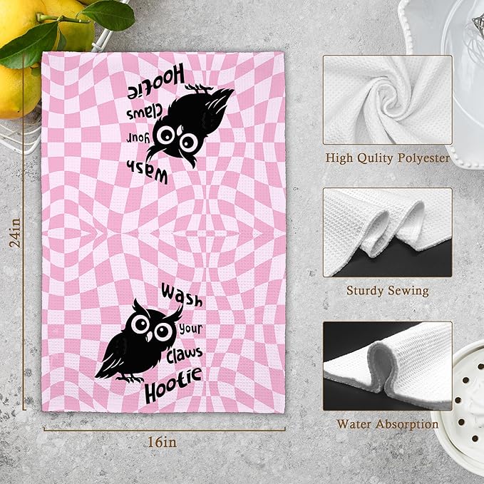 Cute Owl Pink Bathroom Kitchen Towels, Wash Your Claws Hand Towel for Girly Room, Funny Gifts for Owl Lovers, Trendy Preppy Checkered Dish Towels Decor for Dorm Home 16x24in
