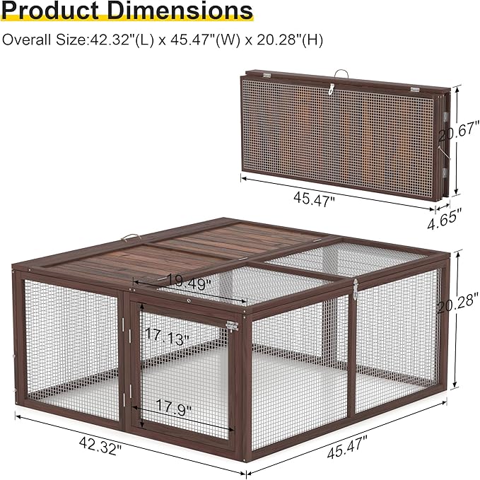 Portable Chicken Run Rabbit Hutch Folding Chicken Cage for Indoor/Outdoor,Top & Side Opening Doors Small Animal Pet Playpen No Assembly Required Poultry Pen 45"x 42"x 20" (Brown)