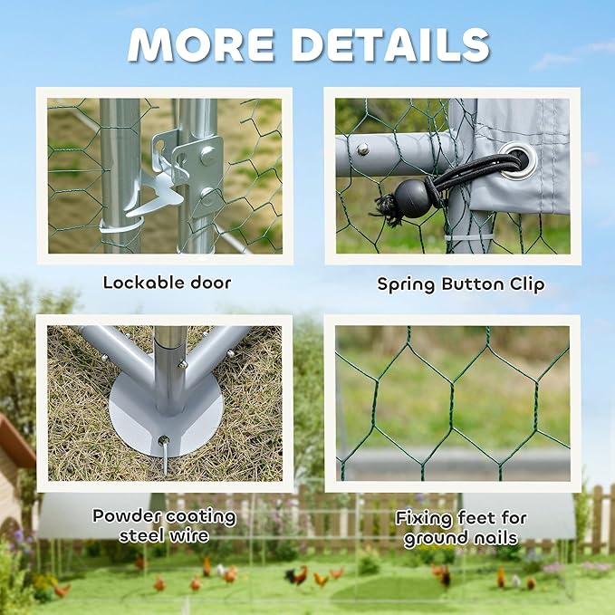PawHut Large Chicken Coop Metal Chicken Run w/Waterproof and Anti-UV Cover, 2 Lockable Doors, Dome Shaped Walk in Hen House for 30-40 Hens, Ducks, Poultry, Outdoor Yard Farm Use, 9.2' x 31.2' x 6.5'