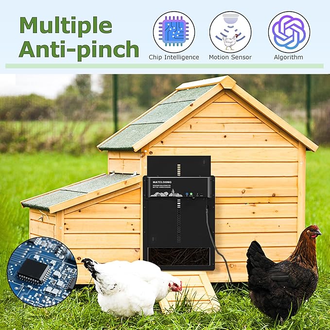 Smart Chicken Coop Door with Programmable App Timer, Solar Powered/Battery Backup, Motion-Activated Anti-Pinch System, Heavy-Duty Waterproof Aluminum Door for Hens & Ducks - MATELOONG