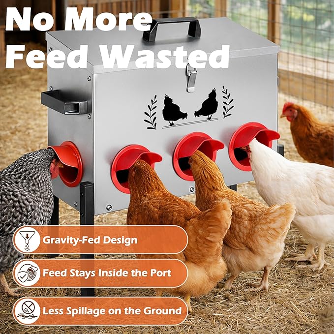 Large Capacity Automatic Chicken Feeder, 8 Port Chicken Feeder, 48LB Metal Chicken Feeders with Locking Lid & Adjustable Legs, No Waste Chicken Feeder, Silver