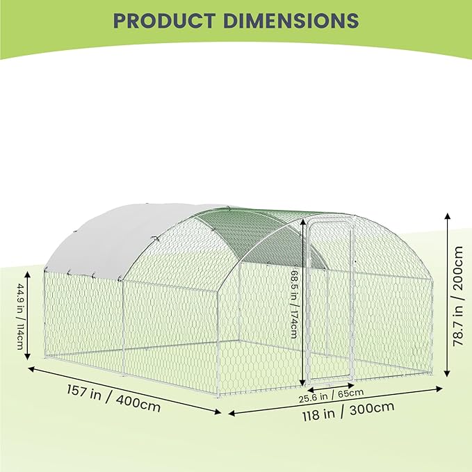 GarveeHome Large Metal Chicken Coop, Dome Roof Walk-in Poultry Cage, Chicken Runs for Yard with Waterproof and Anti-UV Cover, Chicken Pens for Outside Farm Backyard, 13.1 x 9.8 x 6.6 FT