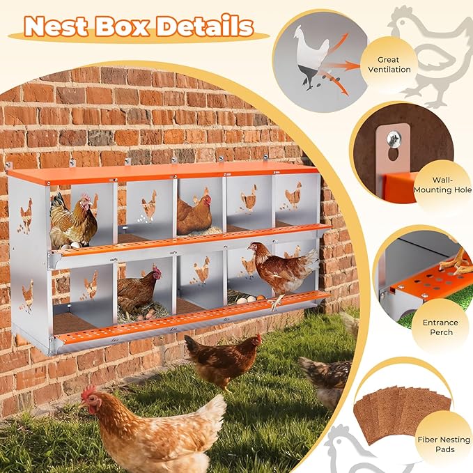 Chicken Nesting Box, 10 Compartment Metal Nesting Boxes for Chickens, Wall Mountable Chicken Laying Boxes, Easy Egg Collection, with Nesting Pads, Indoor & Outdoor Use, 53" L x 17" W x 25" H