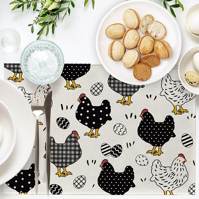 Seliem Chicken Hen Placemats Set of 4, Eggs Buffalo Plaid Polka Dots Farm Dining Table Place Mats, Spring Farmhouse Rustic Kitchen Decor Home Decoration 12 x 18 Inch