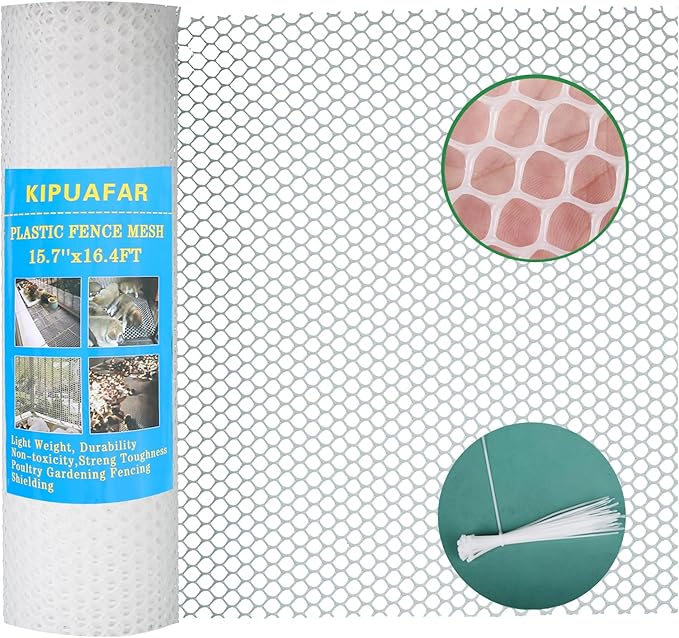 Pet Proof Barrier Net, White Plastic Chicken Wire Mesh Fencing 15.7IN x 16.4FT, Balcony Cat Safety Net & Garden Snake Barrier, Heavy Duty Protection for Chicken Coops, Rabbit Hutches, Dog Kennels