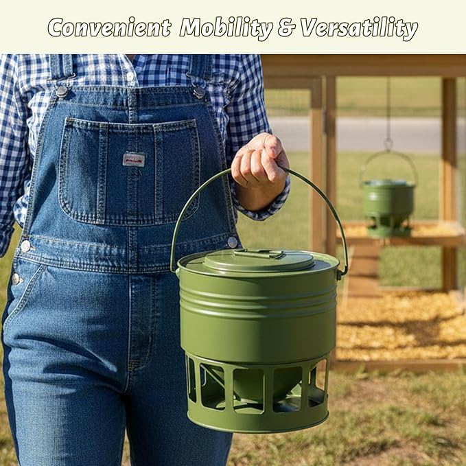 KOL Hanging Chicken Feeder 20lbs Metal Chicken Feeder No Waste, Adjustable Poultry Feeder with 12 Ports, No Installation & Universal Height Design (Green)