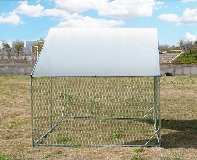 Large Metal Chicken Coop Walk-in Poultry Cage Hen Run House Habitat Spire Shaped Cage with Waterproof and Anti-Ultraviolet Cover for Outdoor Backyard Farm Use (6.5’ L × 9.84’ W)