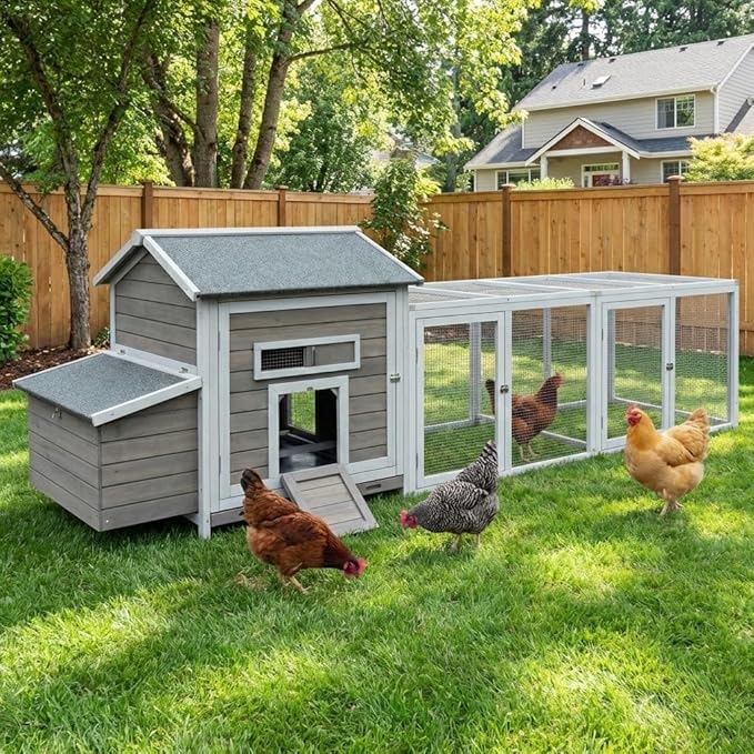118" Large Wooden Chicken Coop with Run - Outdoor Hen House for 4-6 Chickens, Poultry Habitat Supplies with Chicken Nesting Box, Ventilated Window, Free-Range Door & Slide-Out Tray