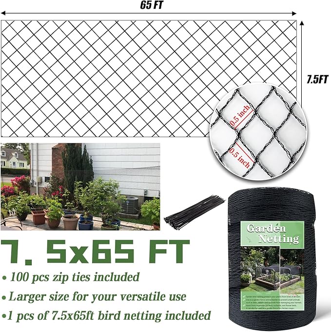 Bird Netting，7.5 x 65 FT Garden Netting Bird Net for Chicken Coop, Poultry Netting Fence for Fruit Trees, Plants and Vegetables Against Birds, Deer, Squirrels and Other Animals
