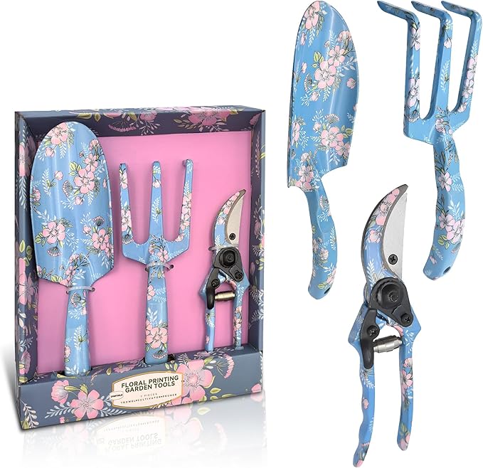 3piece Printed Garden Tool Set, Heavy Duty Aluminum Gardening Tool Kits Including Hand Rake, Pruning Shear and Trowel for Indoor & Outdoor Use, Ergonomic Handle, Perfect Gardening Gift