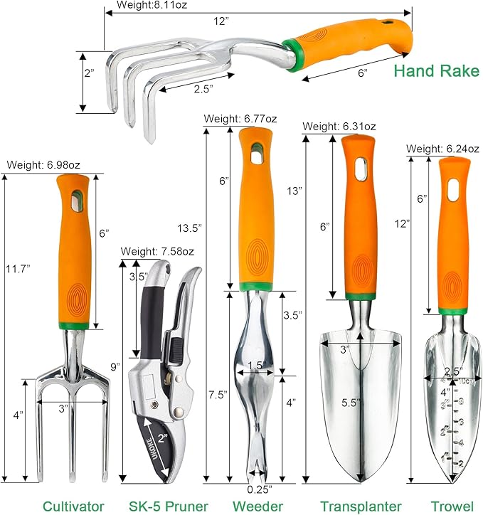 UKOKE Garden Tool Set, 12 Piece Aluminum Hand Tool Kit, Garden Canvas Apron with Storage Pocket, Outdoor Tool, Heavy Duty Gardening Work Set with Ergonomic Handle, Gardening Tools for women men