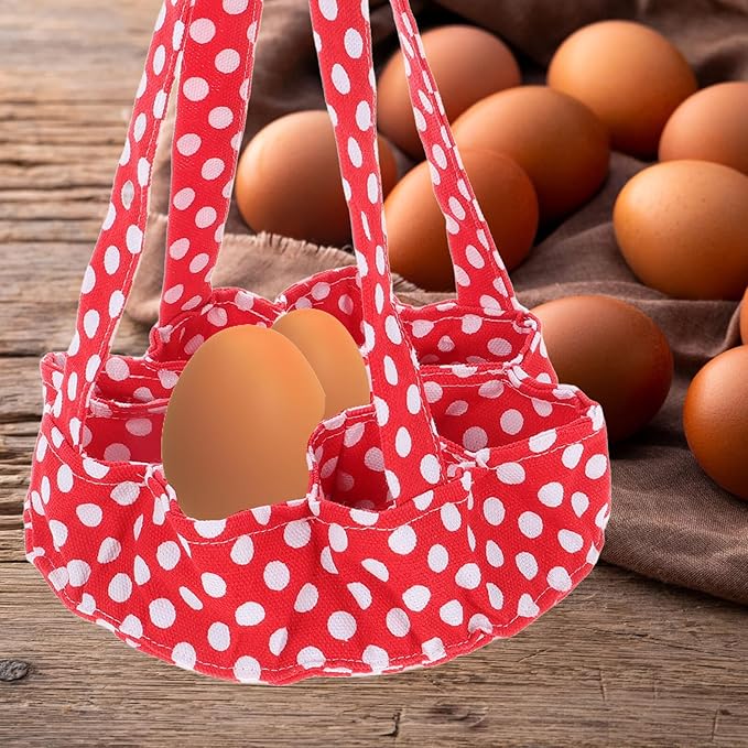Homoyoyo Egg Collecting Basket with 9 Fabric Pockets Chicken Egg Holder Farm and Home Use Red Polka Dot Design