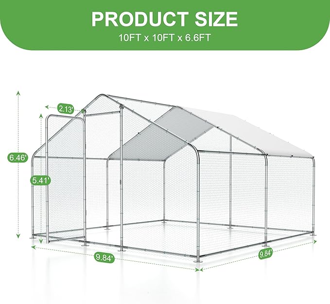 Large Metal Chicken Coop, 10'x10'x6.6' Walk-in Poultry Cage Outdoor Chicken Run Pen w/Waterproof & Anti-UV Cover, Hen House w/Security Lockable Door for Farm Backyard Duck Rabbit Cage Spire Roof