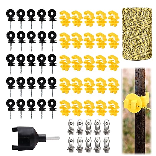 62 Pcs Electric Fence Wire Kit Include 656 ft 200 Meters Electric Fence Polywire, 25 PCS Black Fence Insulator, 25 PCS T Post Insulator, 1 Pcs Insulator Socket Tool, 10 PCS M4 Poly Rope Connectors