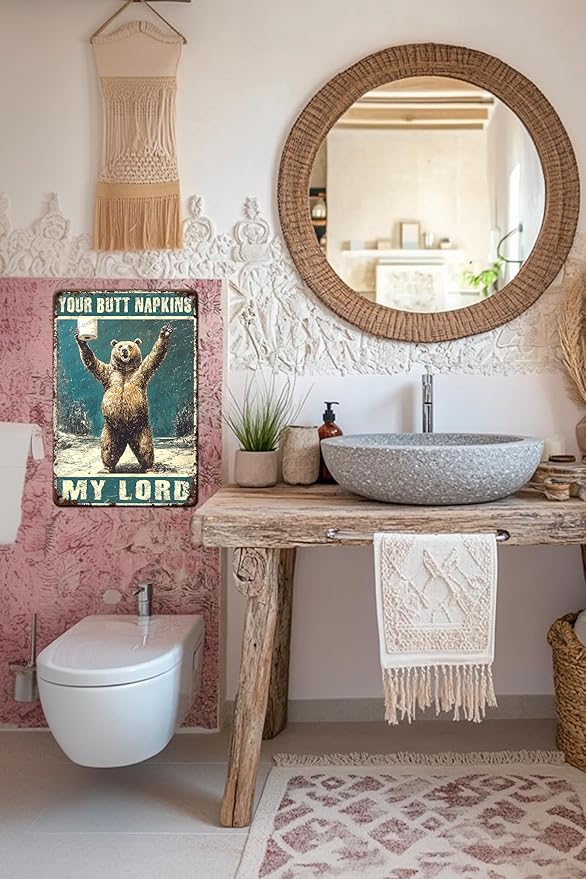 Fun Vintage Brown Bear And Toilet Paper Metal Sign Bear Your Butt Napkins My Lord Novelty Metal Poster Home Kitchen Bathroom Aluminium Sign Art Wall Decor 16x12 Inch