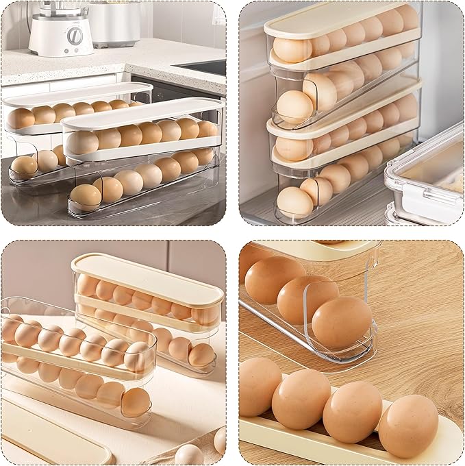 Egg Holder for Fridge, 2025 New Egg Organizer for Refrigerator Automatic Scrolling Eggs Rack Holder Rolling Dispenser, Stackable Fridge Container and Storage with Lid (1 Pcs)