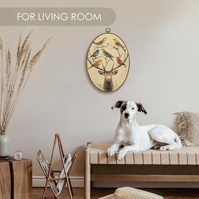 Fewgb Vintage Deer Antlers Birds Oval Wall Art Decor Framed, Reindeer Hunting Canvas Wall Art Prints Picture, Rustic Farmhouse Cottagecore Hanging Room Decor Artwork for Gallery Bedroom 9x12